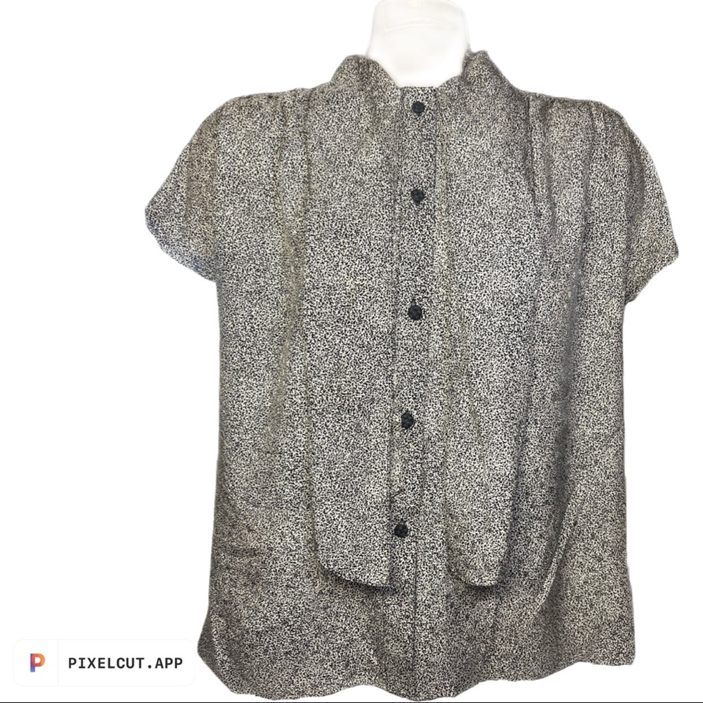 Women blouse silver and black size 16 scarfed 100% silk button down.